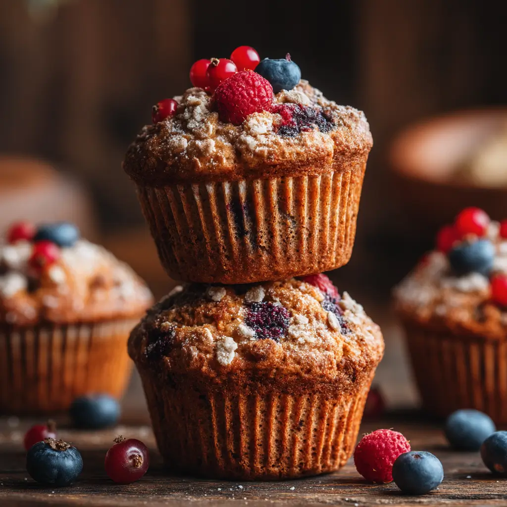 Stacked protein muffins with mixed berries and crumb topping on rustic wooden table