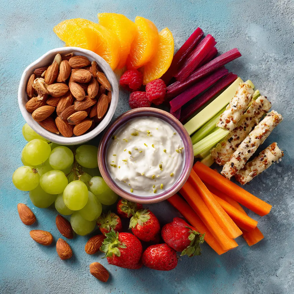 Colorful snack platter with grapes, strawberries, carrots, celery, almonds, dip, orange slices, and veggie sticks
