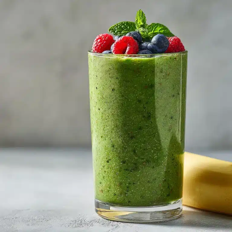 A tall glass filled with a vibrant green smoothie, garnished with fresh raspberries, blueberries, and mint leaves, with a banana lying beside it.