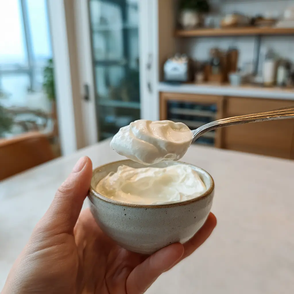 Creamy high protein yogurt in a bowl showing thick texture