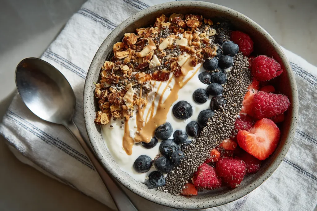 Protein-packed yogurt bowl with fresh blueberries, raspberries, strawberries, granola, and chia seeds