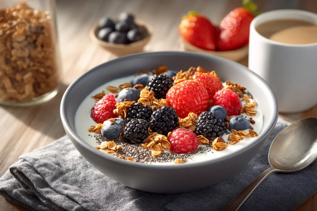 High protein yogurt breakfast with granola and berries in a modern kitchen