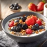 High protein yogurt breakfast with granola and berries in a modern kitchen