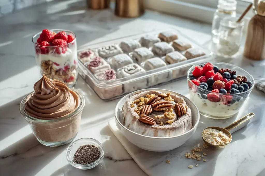 Assorted high protein yogurt desserts including whipped chocolate mousse, fruit parfaits, cinnamon roll-style bowl, and frozen yogurt bites