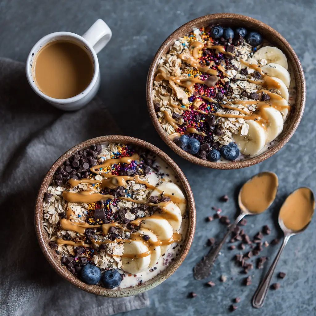 high protein yogurt meal prep bowl for energy with oats, banana, and peanut butter