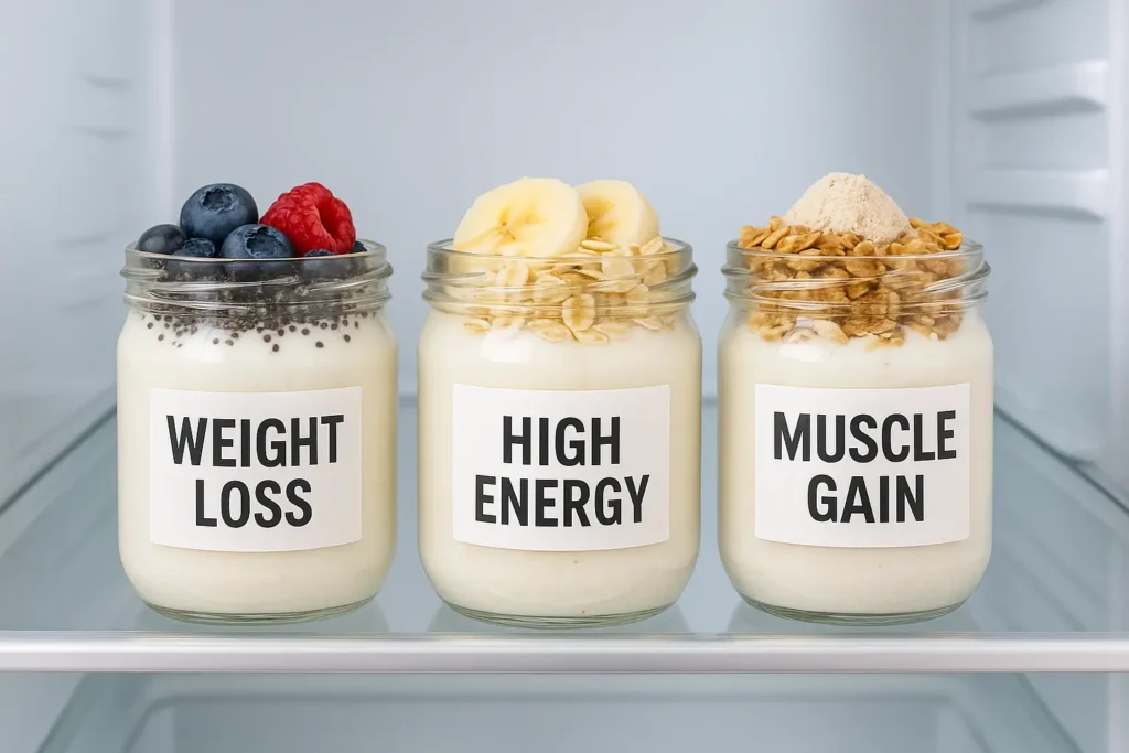 high protein yogurt meal prep jars labeled for weight loss, energy, and muscle gain