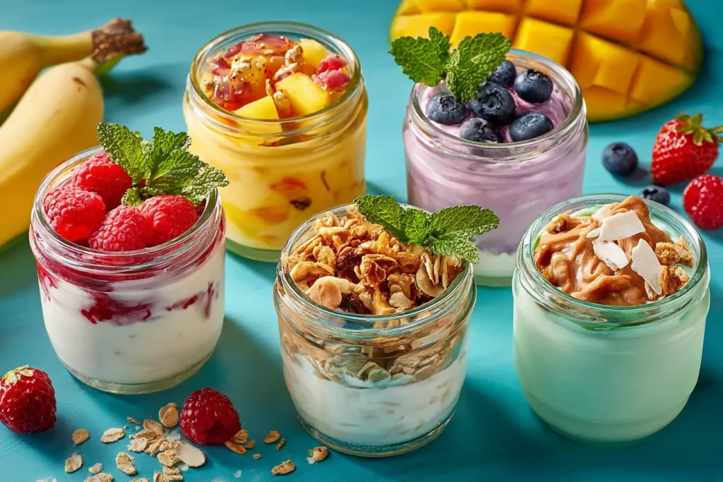 high protein yogurt meal prep jars with fruit and granola toppings