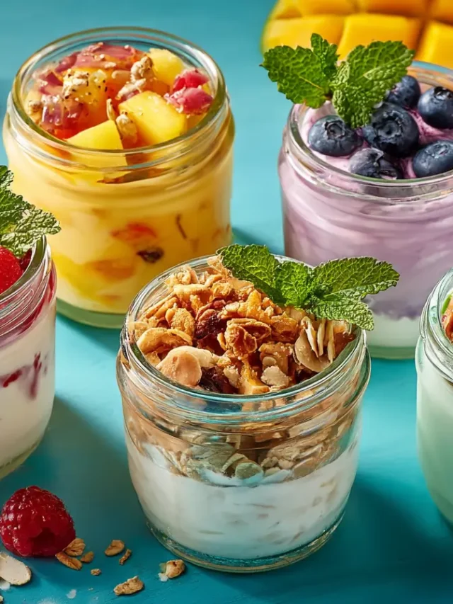 high protein yogurt meal prep jars with fruit and granola toppings