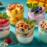 high protein yogurt meal prep jars with fruit and granola toppings