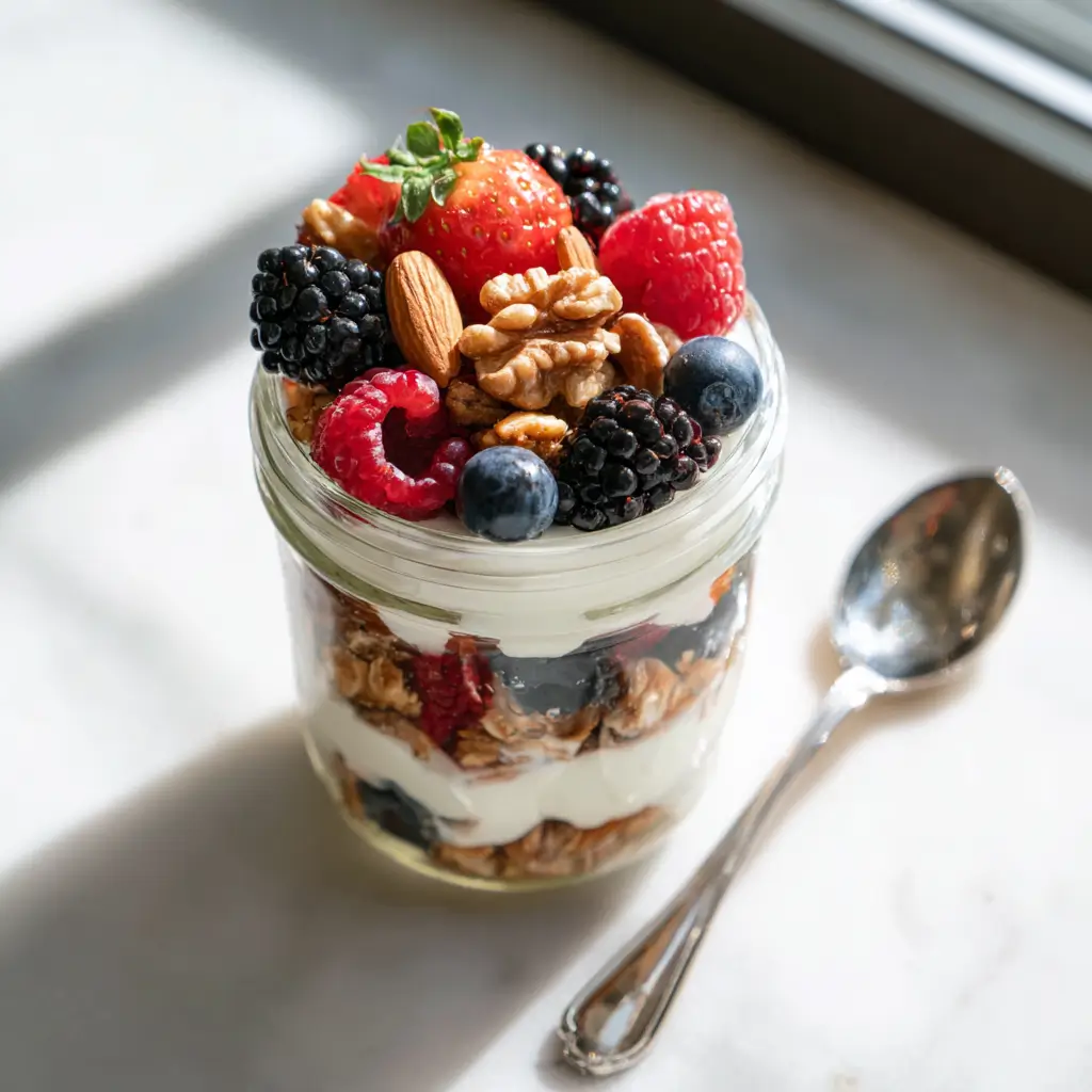 High protein yogurt parfait with berries and granola