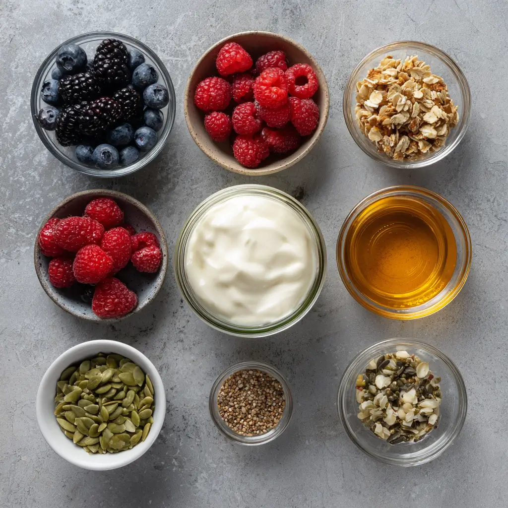 Overhead flat lay of parfait ingredients including Greek yogurt, raspberries, blackberries, granola, pumpkin seeds, honey, and mixed seeds on a gray stone background.