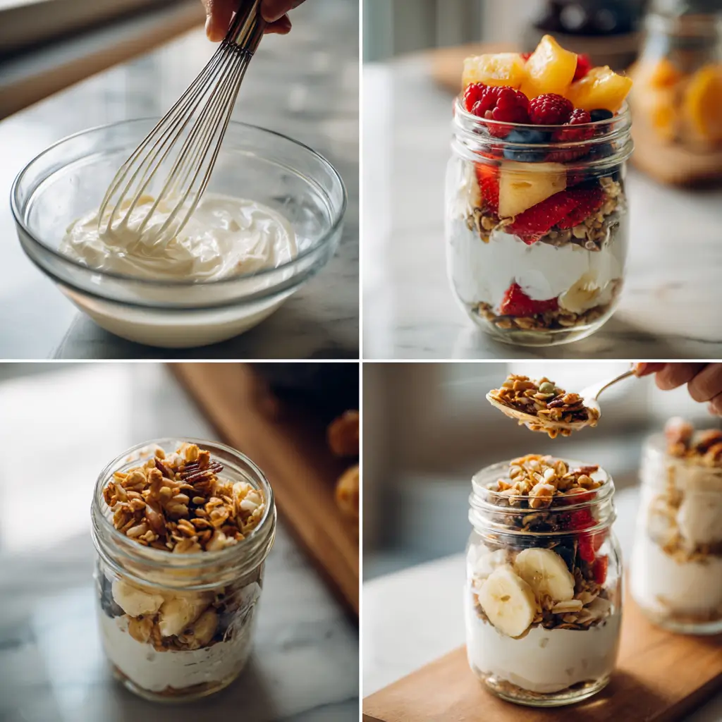 Step-by-step view of high protein yogurt parfait preparation, showing yogurt being whisked, fruit and granola layering in mason jars, and a close-up spoonful ready to eat.