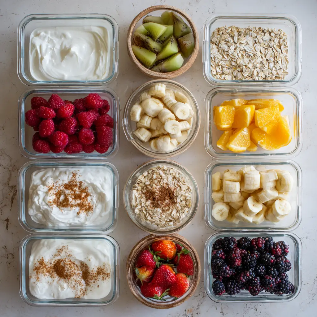 high protein yogurt meal prep ingredients like fruit, oats, and Greek yogurt