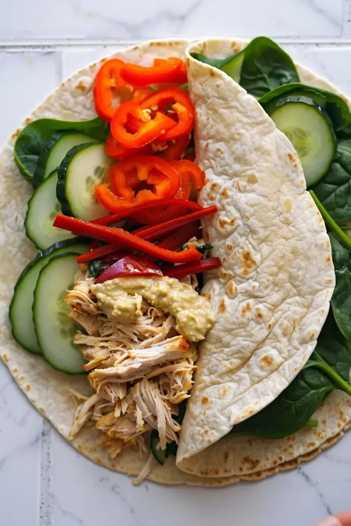 Healthy fast food chicken wrap with hummus and vegetables