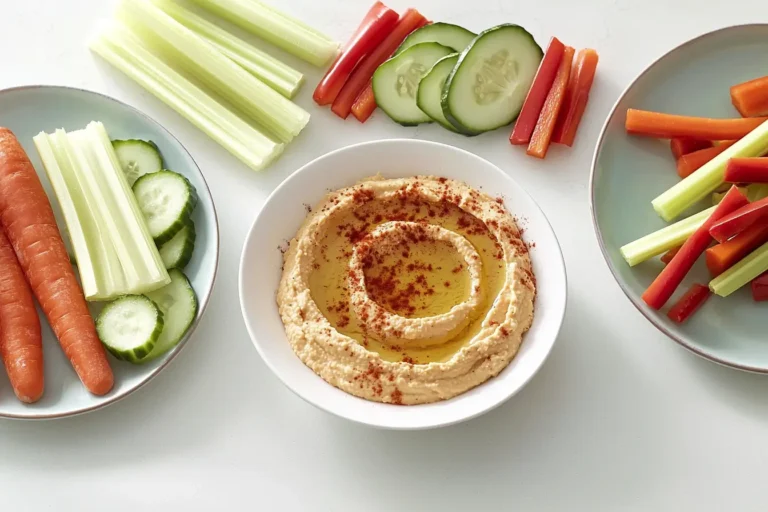Hummus with fresh veggie sticks as Mediterranean snacks on the go