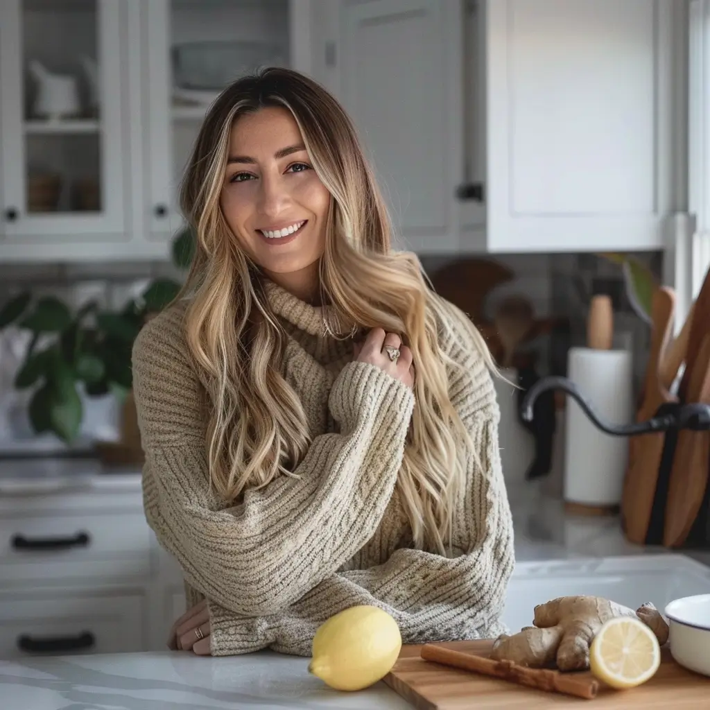 Julia Hartman smiling in her kitchen with lemon, ginger, and cinnamon on the counter – founder of Savor & Delish blog