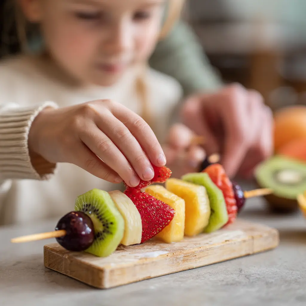 A child's hand placing a strawberry onto a colorful fruit skewer with kiwi, pineapple, and grape, on a small wooden board.