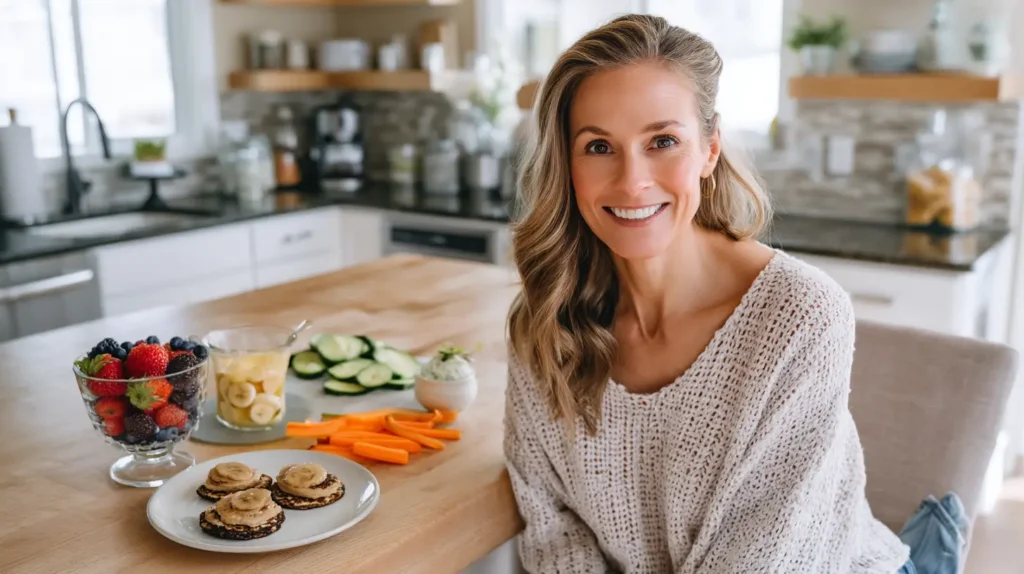 Modern woman enjoying a realistic low FODMAP meal in a bright kitchen