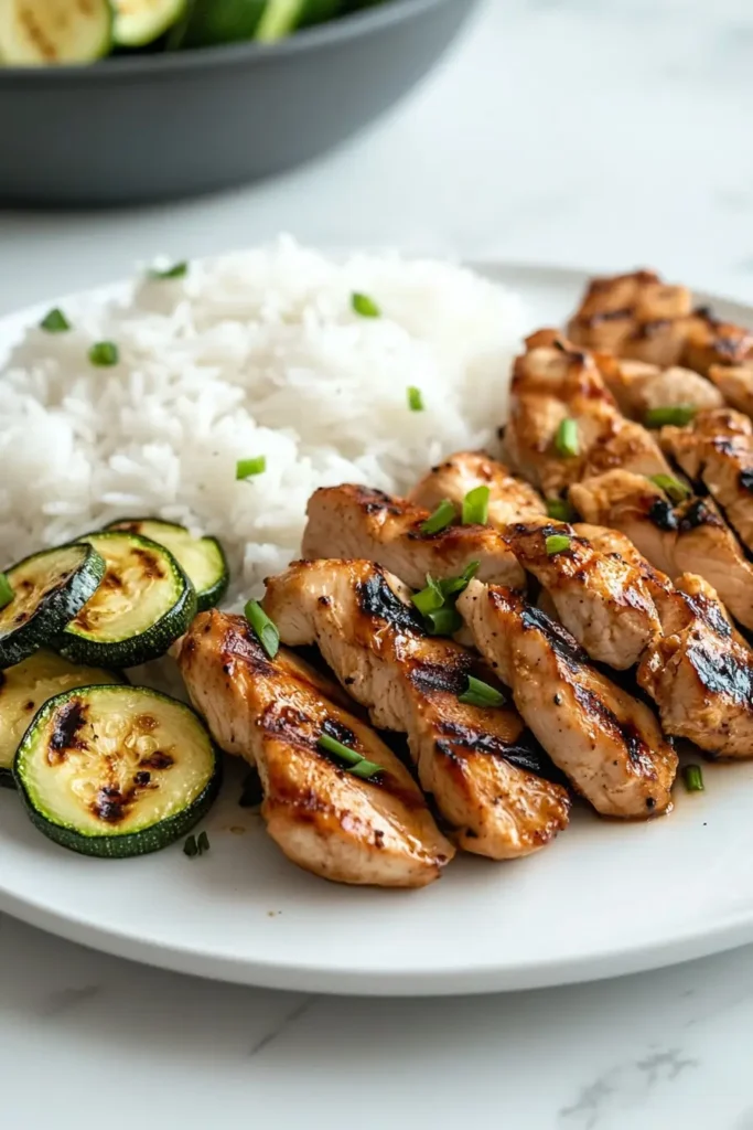 Grilled chicken with white rice and zucchini on a plate – a low FODMAP diet meal