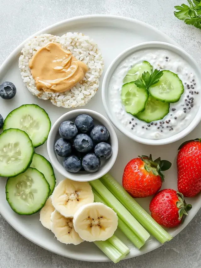 Low FODMAP diet snack plate with rice cakes, fruit, and vegetables