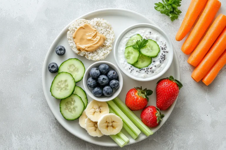 Low FODMAP diet snack plate with rice cakes, fruit, and vegetables