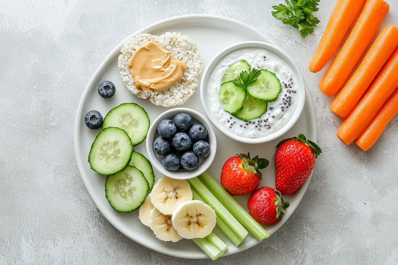 Low FODMAP diet snack plate with rice cakes, fruit, and vegetables