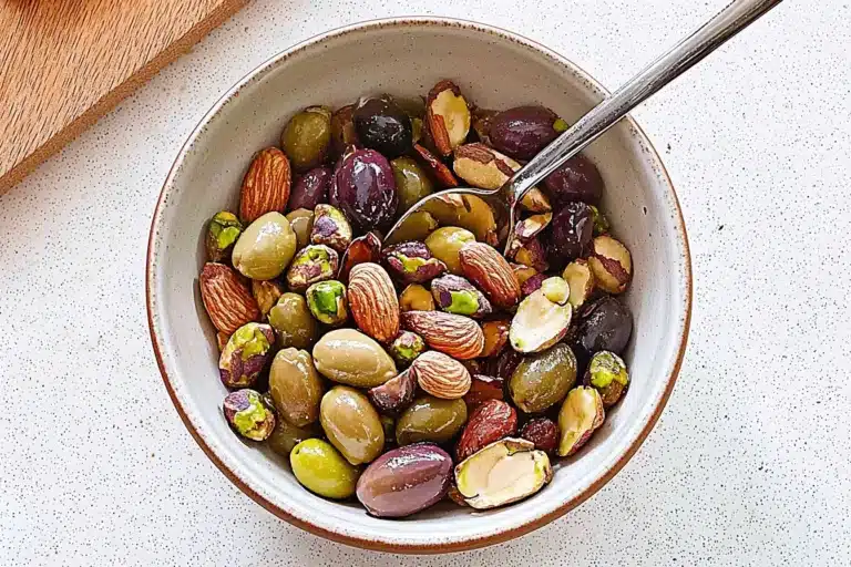 Nut and olive mix served for Mediterranean snacks on the go