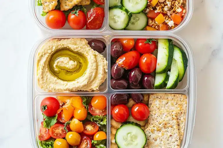 Mediterranean snack pack with hummus and veggies for snacks on the go