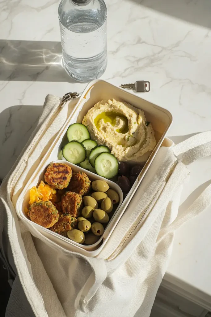 Mediterranean snacks on the go packed in a lunch tote