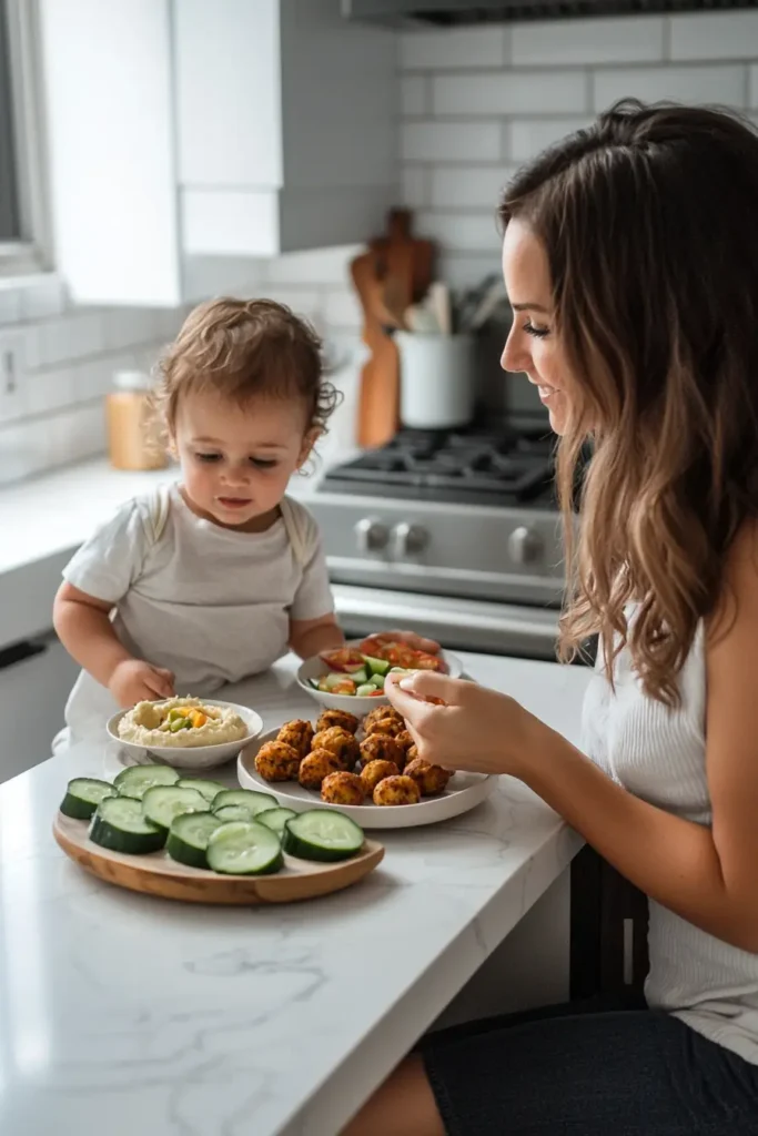 Mom sharing Mediterranean snacks on the go with child