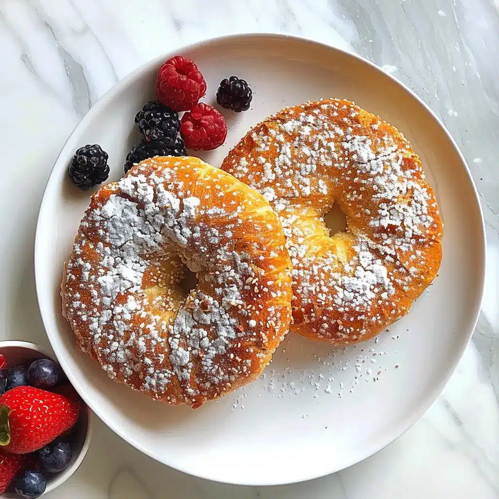 Two golden plant-based cottage cheese bagels dusted with powdered sugar, served with fresh raspberries and blackberries on a white plate.