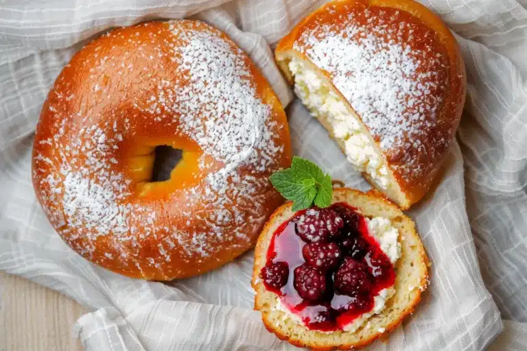 Overhead view of two golden vegan cottage cheese bagels, one sliced with berries and mint, on a light wooden surface