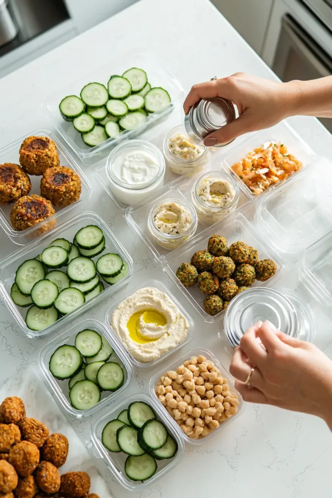 Prepping Mediterranean snacks on the go in a modern kitchen