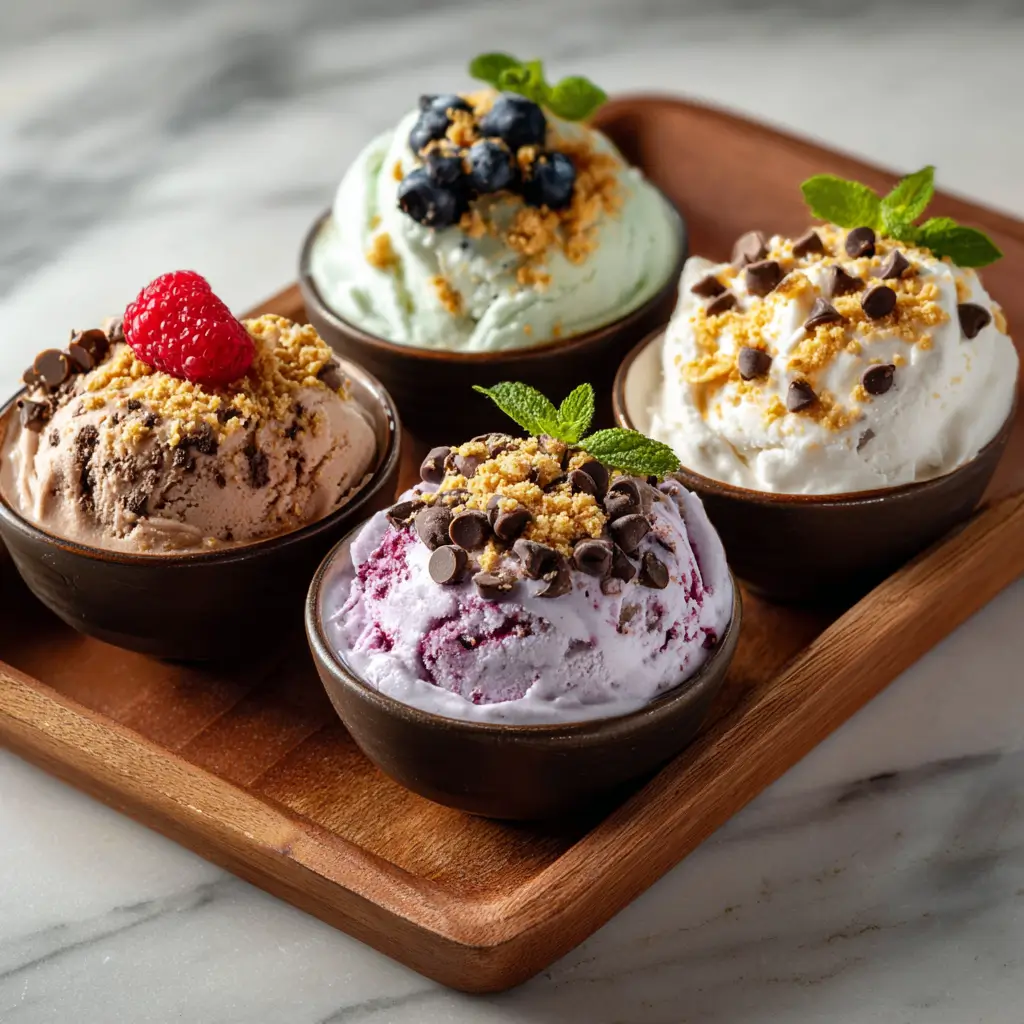 high protein ice cream in four flavor variations with toppings