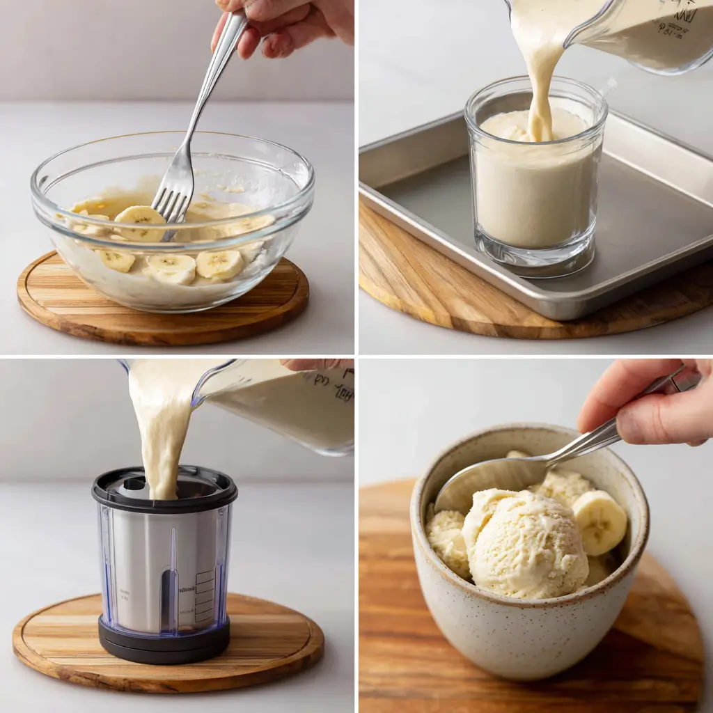 step-by-step guide to making high protein ice cream using banana and Ninja Creami
