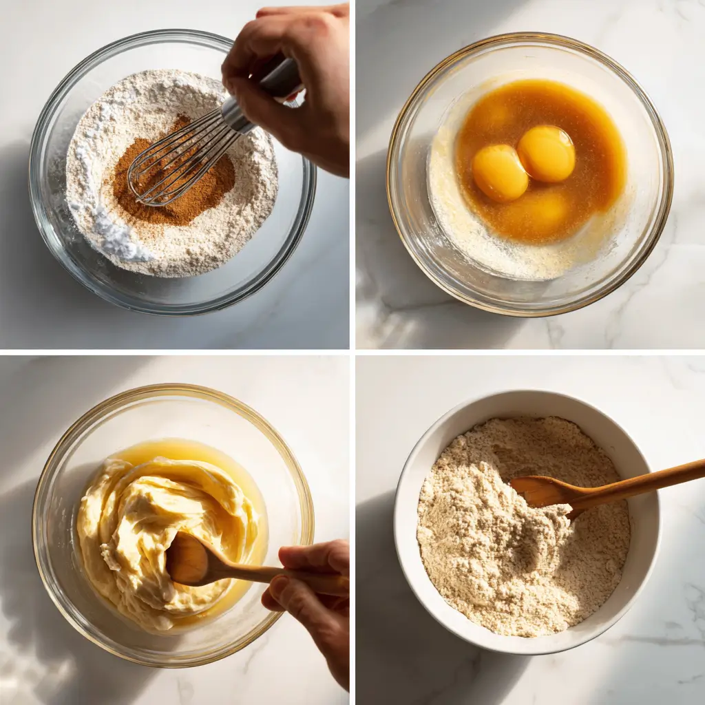 Step-by-step photo collage showing the process of mixing ingredients for protein muffins on a marble counter