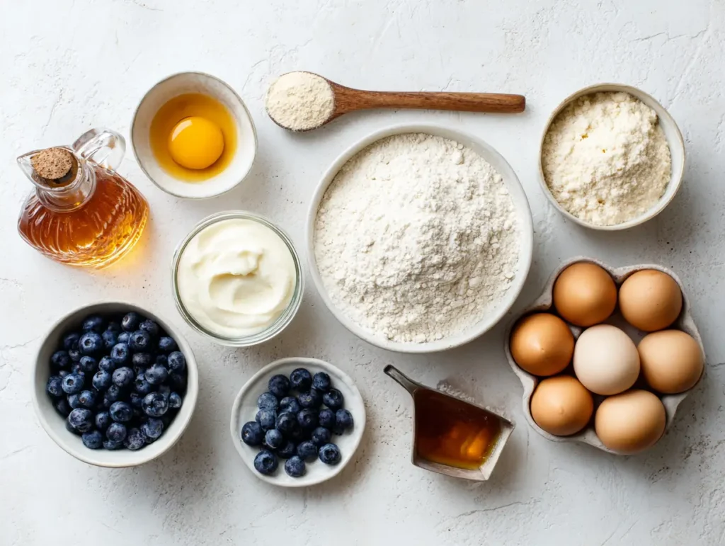 Top view of healthy protein muffin ingredients including flour, eggs, blueberries, yogurt, and maple syrup