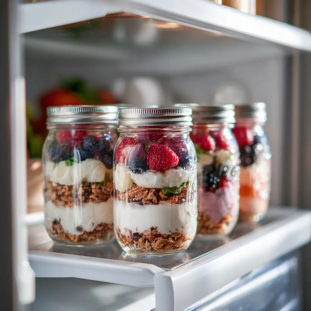 Meal-prepped high protein yogurt parfait jars in fridge