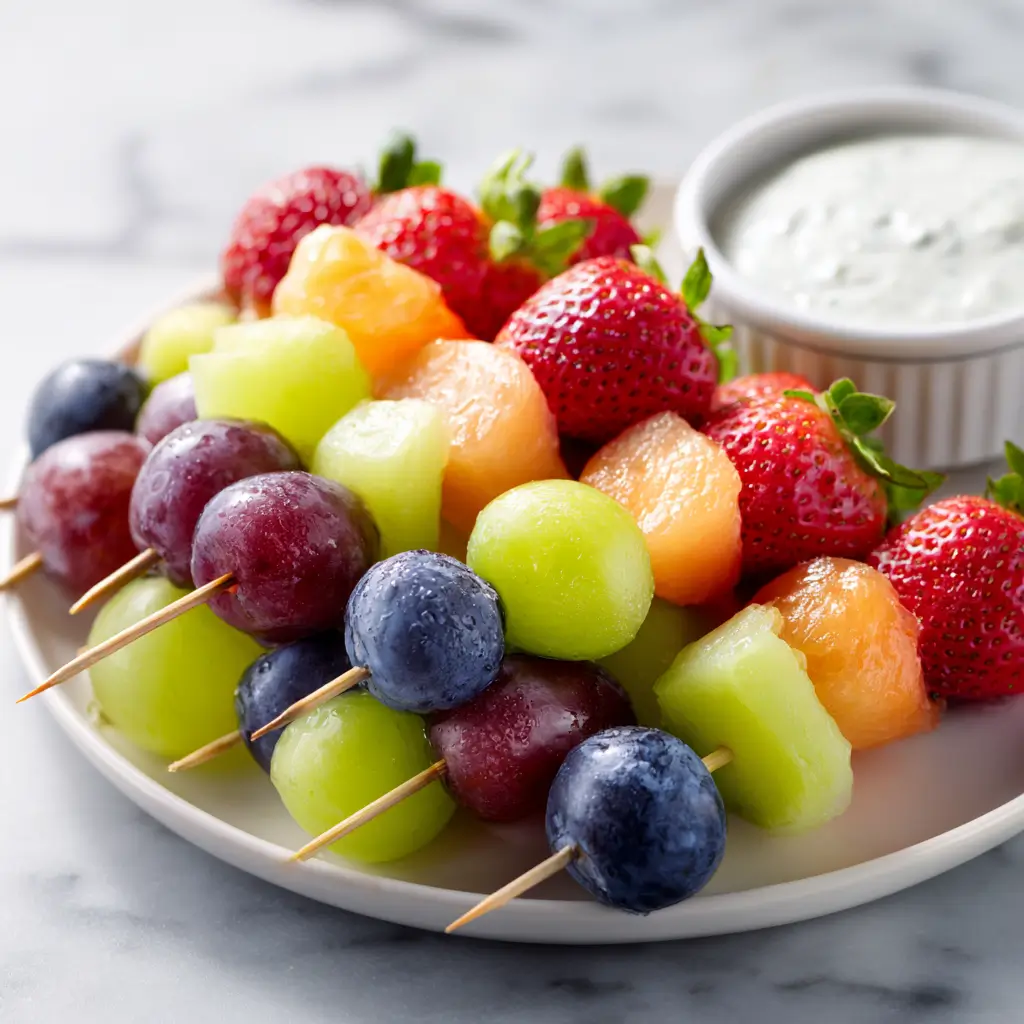 A plate of colorful rainbow fruit skewers with grapes, blueberries, melon, and strawberries, served with a small bowl of yogurt dip.
