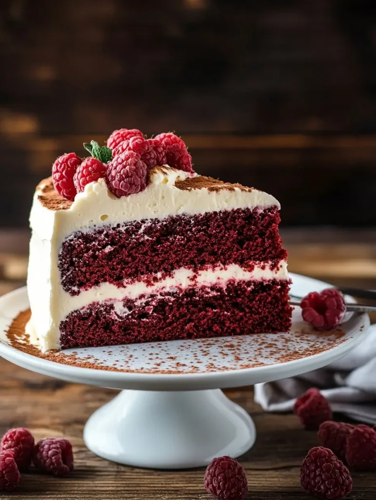 A rich slice of red velvet cake with cream cheese frosting and raspberries, perfect as a sweet treat for holiday celebrations or special occasions.