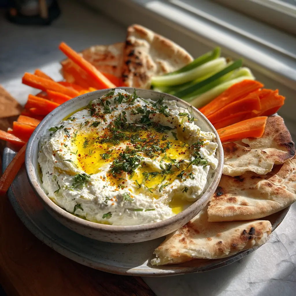 Savory whipped Greek yogurt dip with olive oil, herbs, and served with carrots, celery, and pita bread