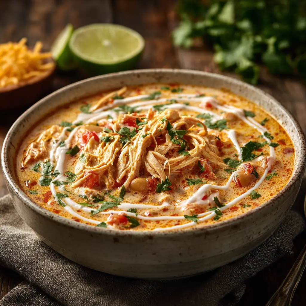 Cream cheese chicken chili served in a rustic bowl with toppings like sour cream and herbs