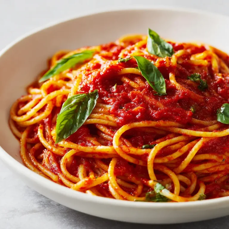 A bowl of spaghetti with a rich red tomato sauce, garnished with fresh basil leaves, representing a healthy pasta dish for picky eaters with hidden vegetables.