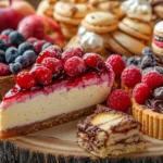 A vibrant assortment of sweet treats including berry cheesecake, chocolate chip cookies, macarons, and apple tart on a wooden board, beautifully lit for a food blog.