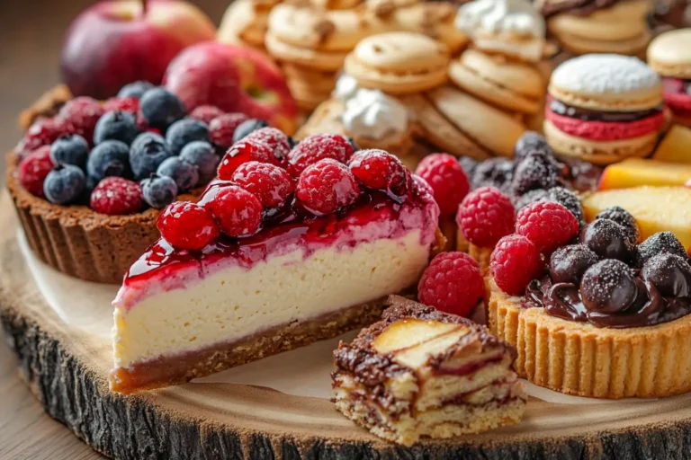 A vibrant assortment of sweet treats including berry cheesecake, chocolate chip cookies, macarons, and apple tart on a wooden board, beautifully lit for a food blog.