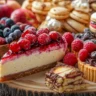 A vibrant assortment of sweet treats including berry cheesecake, chocolate chip cookies, macarons, and apple tart on a wooden board, beautifully lit for a food blog.