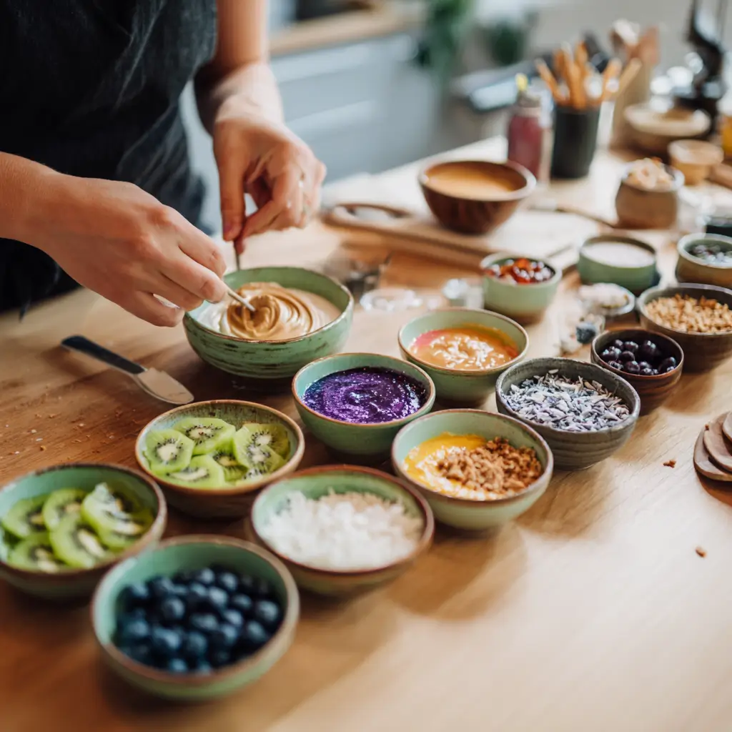 TikTok-inspired yogurt bowl being assembled with colorful toppings