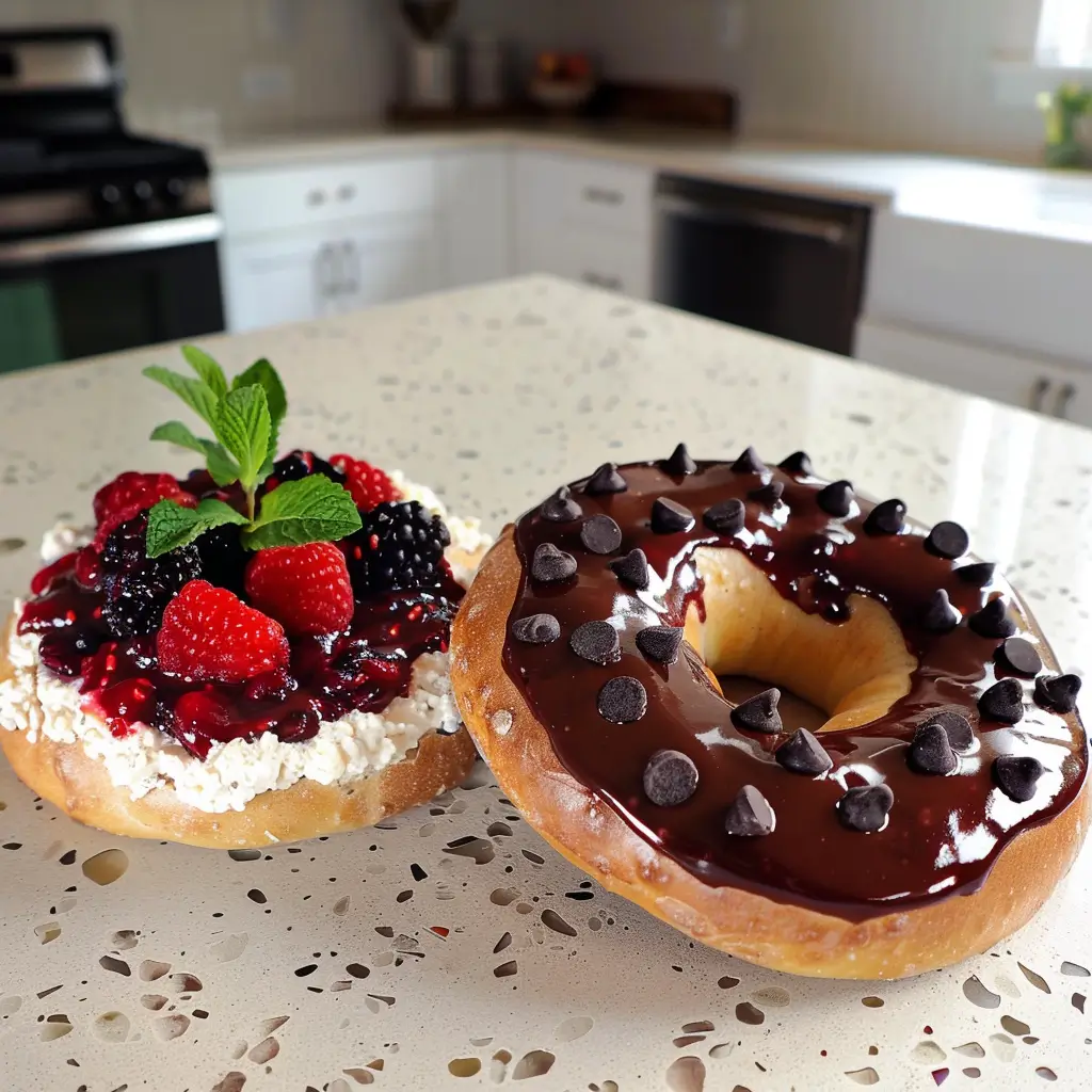Two plant-based cottage cheese bagels with dessert toppings: berry compote and melted chocolate chips.