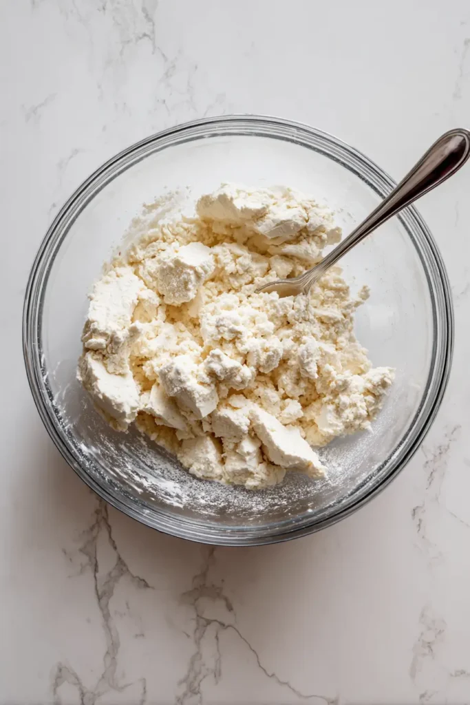 Close-up of firm tofu being crumbled and mixed with ingredients in a clear bowl to make plant-based cottage cheese base