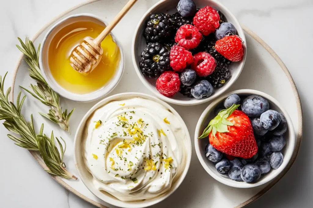 Whipped Greek yogurt with lemon zest, fresh berries, and honey in small bowls